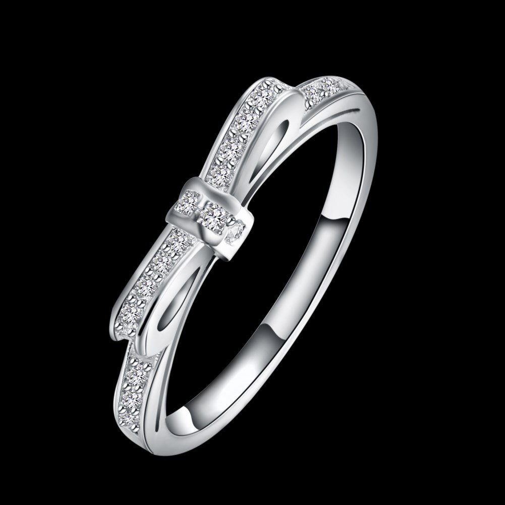 Luxury charm 925 Stamp Silver color Rings For Women Simple Bowknot crystal size 6-9 Fashion Party Gifts wedding diamond Jewelry