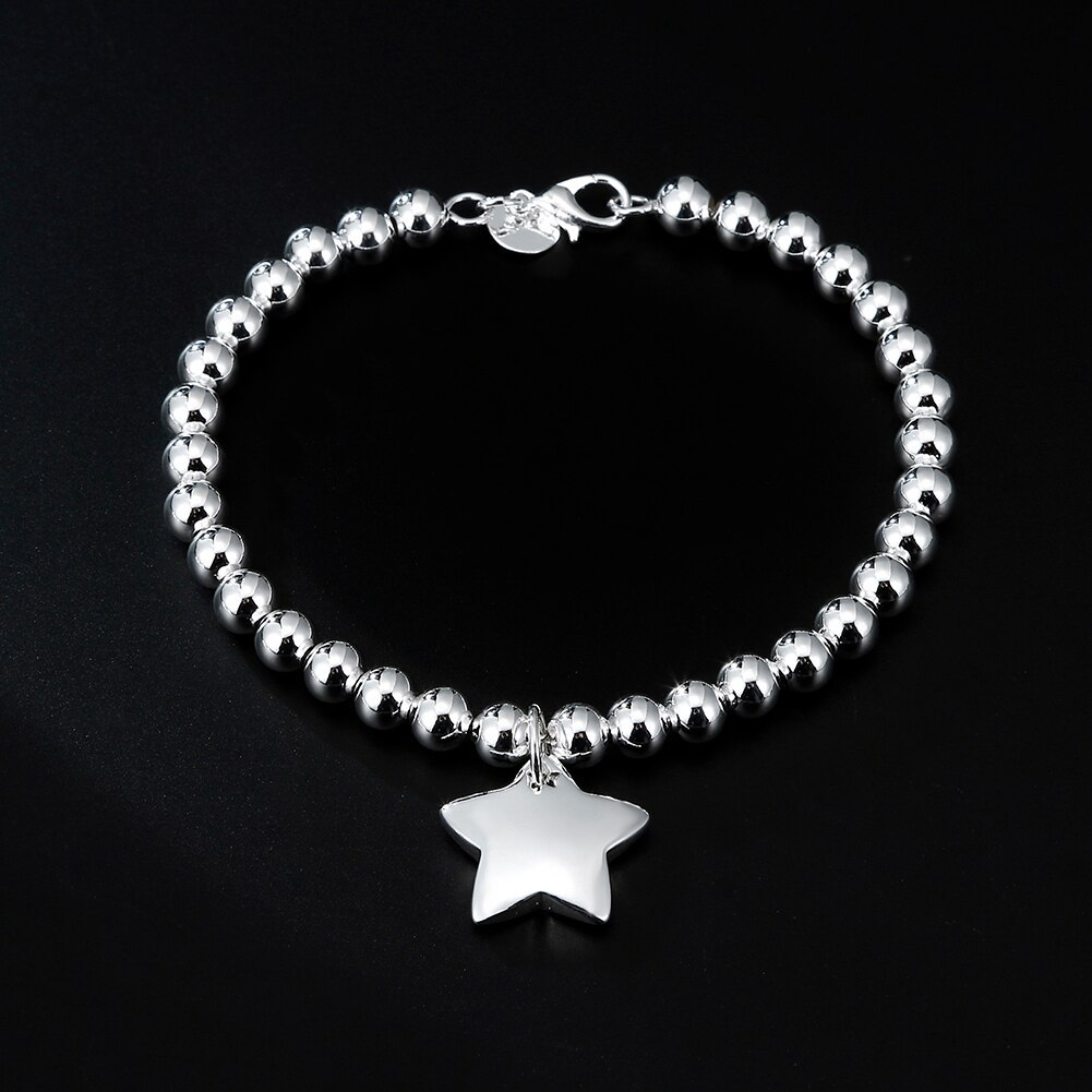 New 925 Stamp Silver color 4MM Bead Chain Star Pendant Bracelets for women fashion party Wedding accessories Jewelry Couple gift