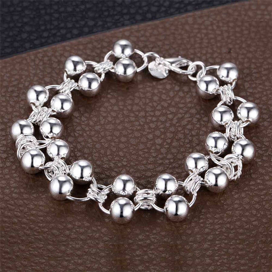 925 Stamp Silver color Bracelets for Women geometry Double beads Chain Fashion classic Wedding Party Christmas Gift fine Jewelry