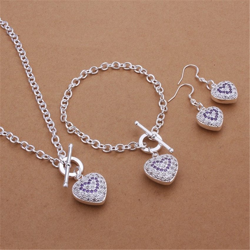 Hot 925 Stamp Silver color Jewelry sets fine heart crystal pendant necklace bracelets earrings for women Fashion Party wedding