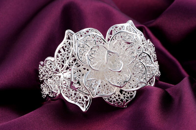 925 Stamped Silver color fine big flower wide bangle Bracelets for Women adjustable Jewelry Fashion wedding Party Holiday gift