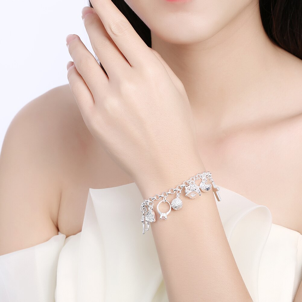Hot sale fashion 925 Stamp Silver color Bracelet for woman Pretty heart Zircon Pendant chain Wedding party Gifts classic Jewelry