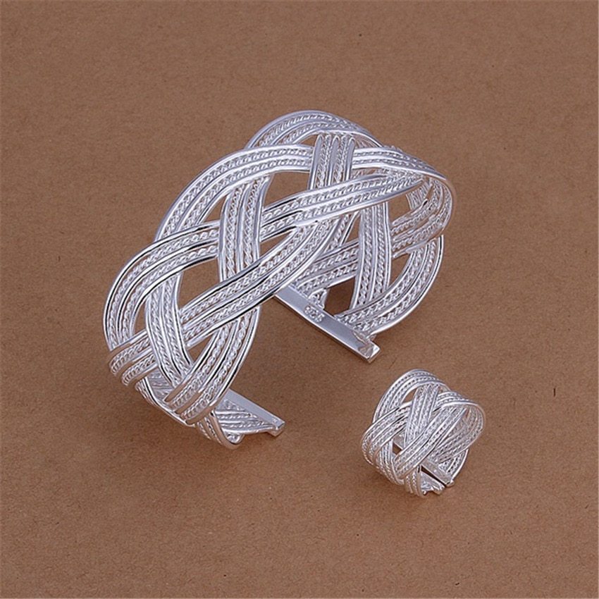 Retro 925 Stamp Silver color rings Bracelets Jewelry set fine wide Weave bangle adjustable Ethnic style Fashion Party gifts