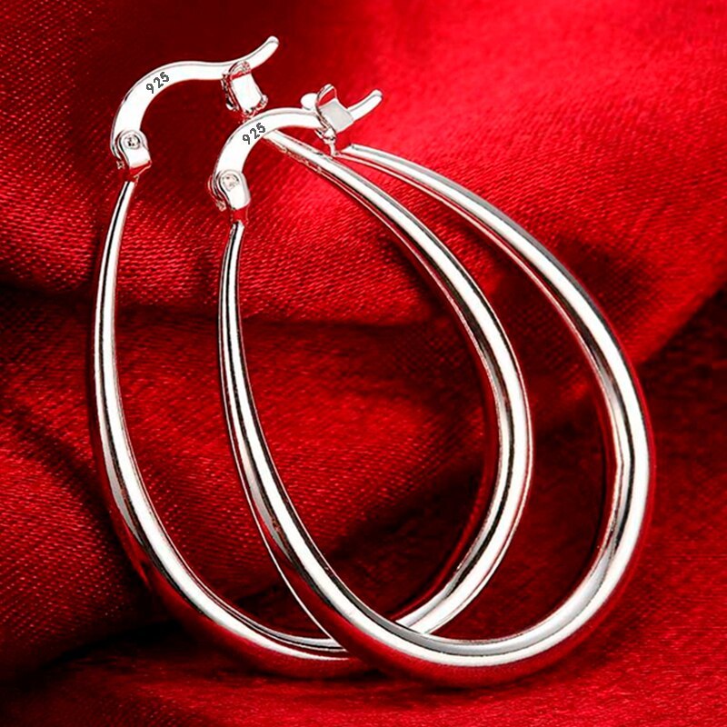 Charm 925 Stamp Silver color 41MM Smooth Circle Big Hoop Earrings For Women Lady Fashion High Quality Wedding Jewelry Gifts