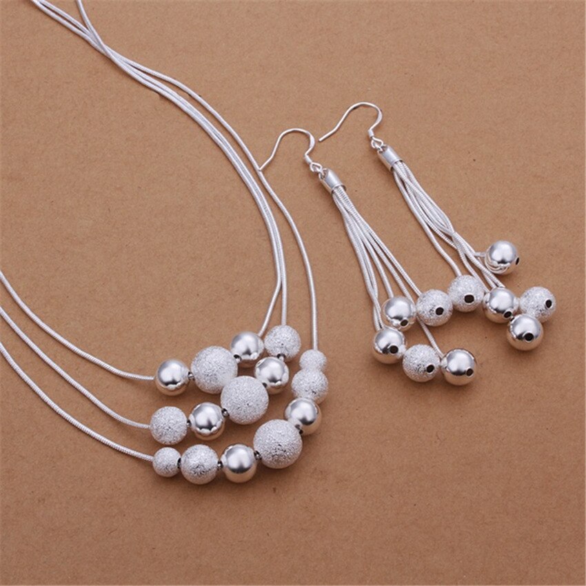 18 inches Fine 925 Stamp Silver color Fringed beads necklace earrings Jewelry sets for women Fashion Party wedding Gifts