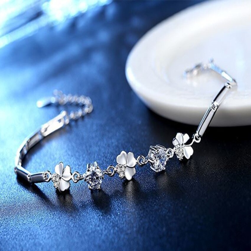 hot sale 925 Stamp Silver color Zircon Lucky Clover Bracelets crystals chain For Women Valentines Gift Wedding party Jewelry