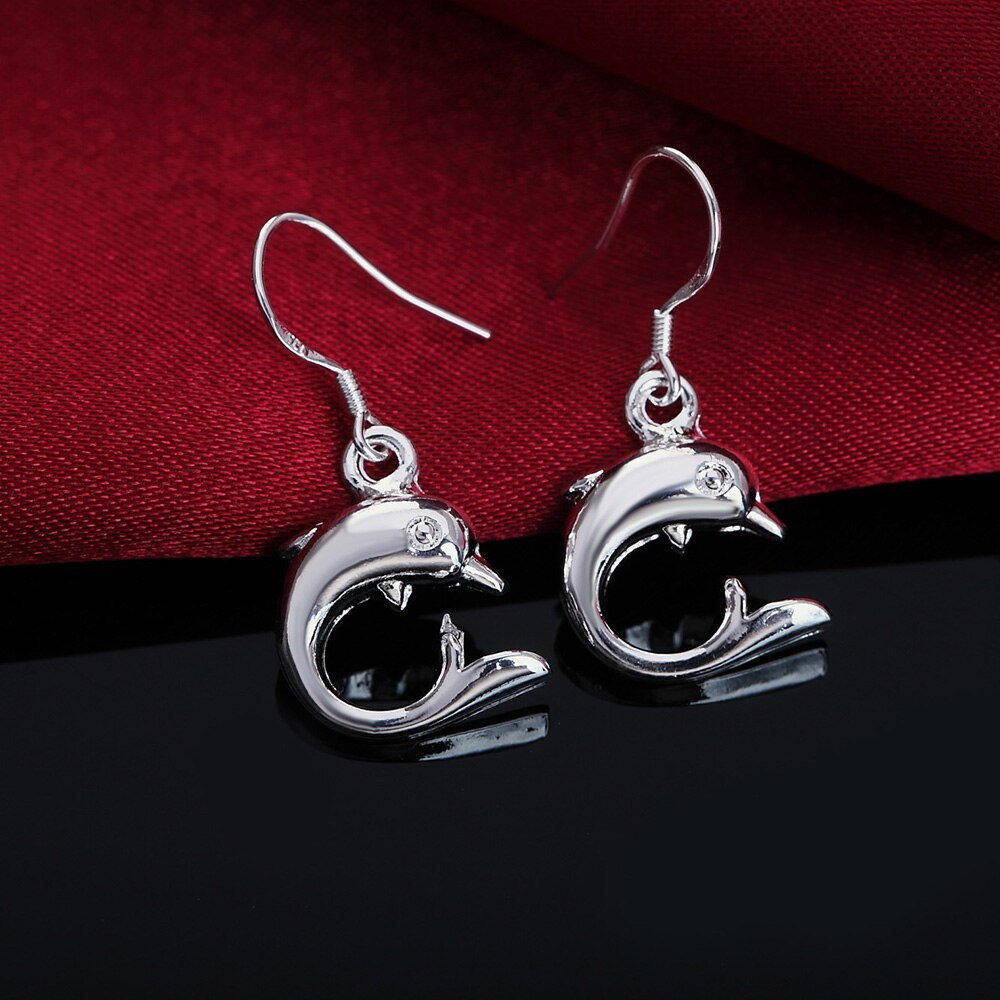 Hot sale 925 Stamp Silver color little dolphin drop Earrings for Women fashion lady Jewelry girl Christmas Gifts long earrings