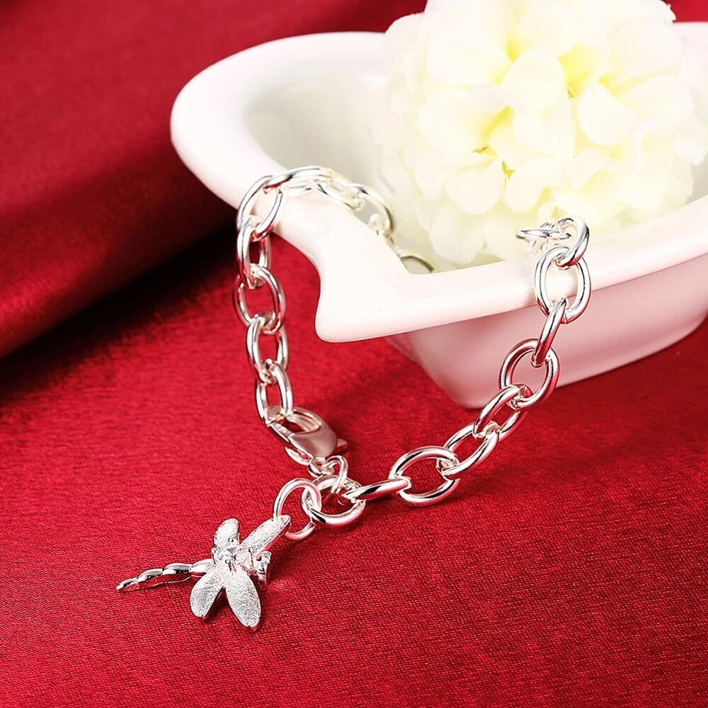Factory direct fashion 925 Stamp Silver color Bracelet for woman Zircon dragonfly pendant chain jewelry Wedding party lady gifts