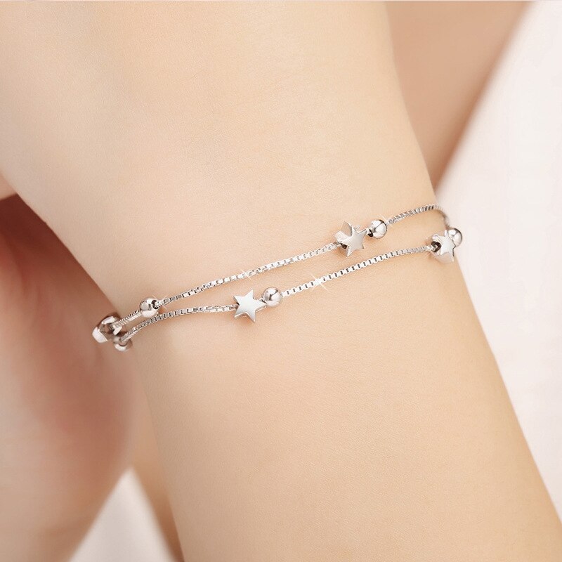 New 925 Stamp Silver color fine stars Bracelets for women fashion Original designer party Wedding accessories Jewelry gifts