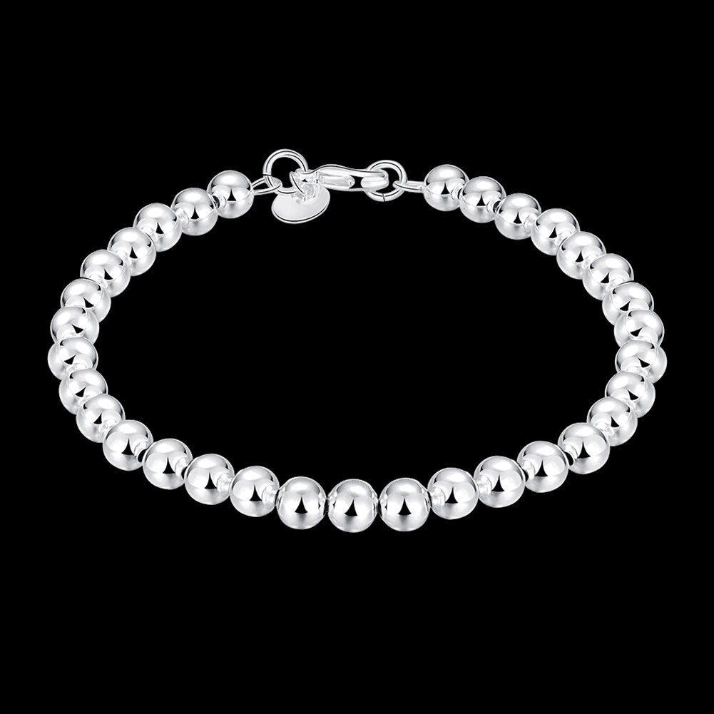 Hot sale fashion 925 Stamp Silver color Bracelet for woman man classic 6mm bead chain Wedding party Christmas Gifts Jewelry
