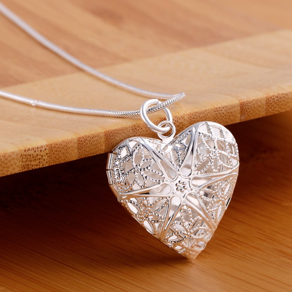 Hot 925 Stamp Silver color Pattern heart photo frame Pendant Necklace For Women 18 inches Christmas gift fashion wedding Jewelry