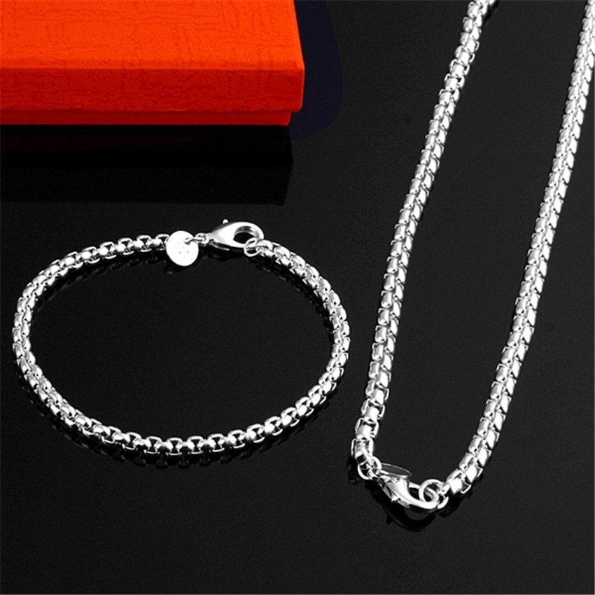Charm 5MM box chain New fashion 925 Stamp Silver plated Bracelets necklace Jewelry sets for women men Fashion Party Gifts wedding