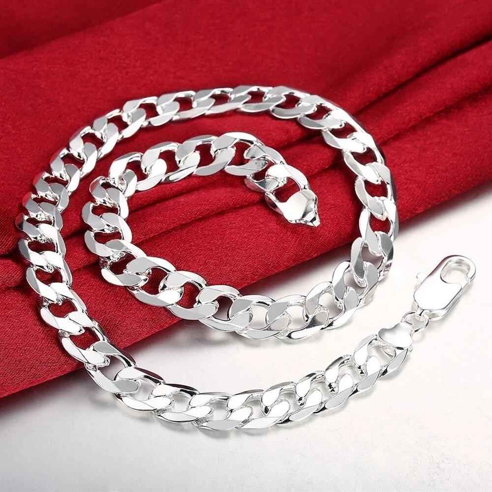 Big men 12MM Chain 925 Stamp & Silver color Bracelets necklace Jewelry set 18-30 inches Charm Fine Fashion Party wedding gift