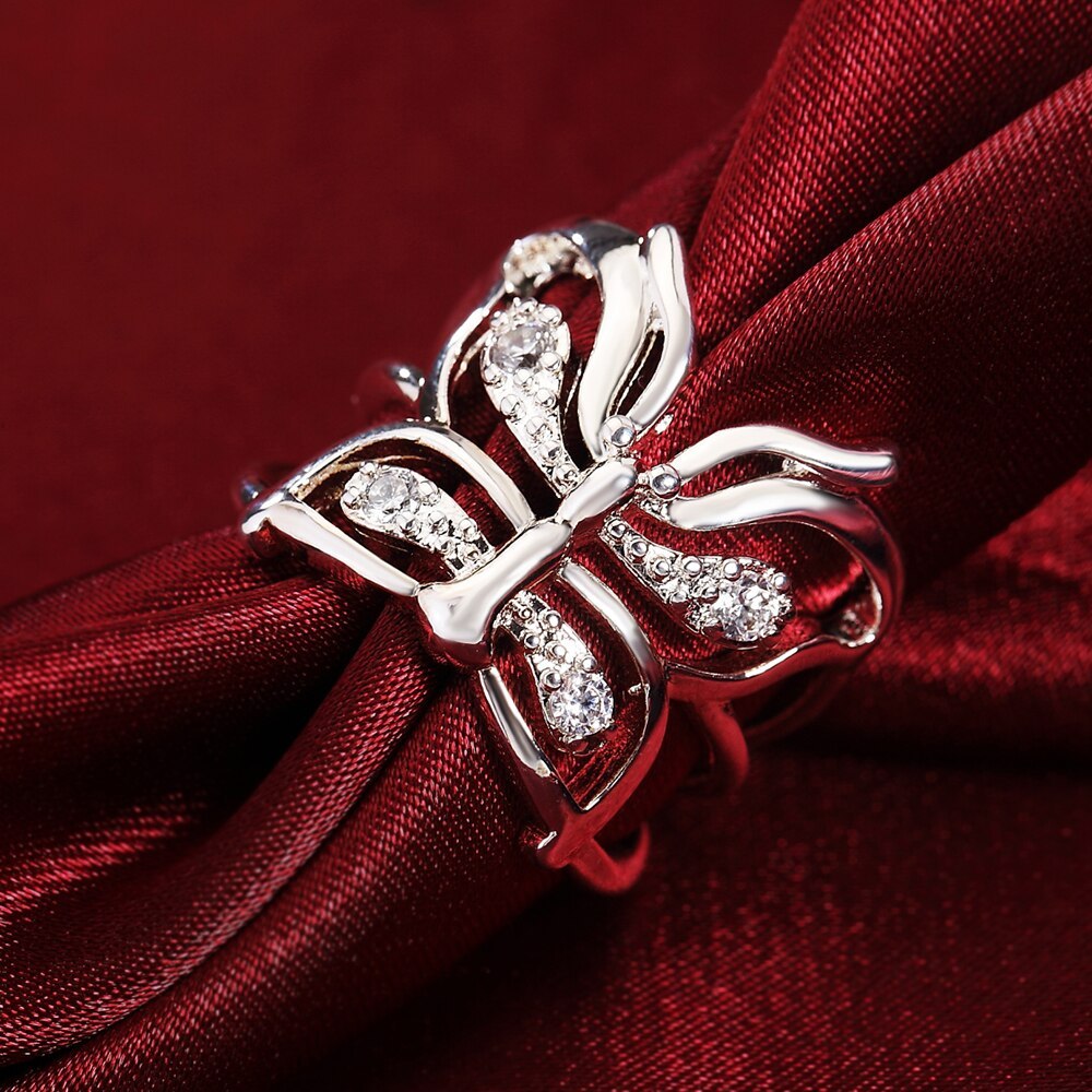 Hot charm 925 Stamp Silver color Crystal butterfly Ring For Women adjustable Fashion Retro Wedding Party Gift luxury Jewelry