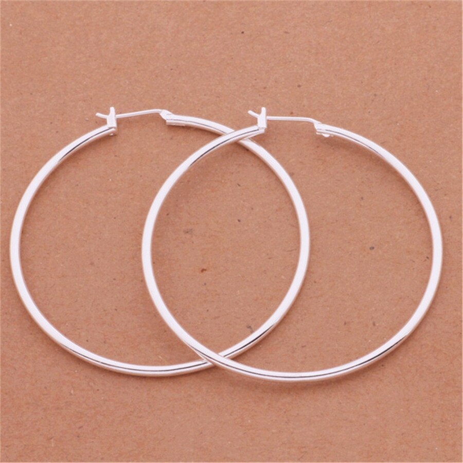 High Quality Solid 925 Stamp Silver color Earrings for Women Party Jewelry 5CM Big Circle Earrings Fashion lady Christmas Gifts