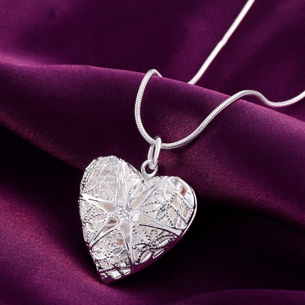 Hot 925 Stamp Silver color Pattern heart photo frame Pendant Necklace For Women 18 inches Christmas gift fashion wedding Jewelry