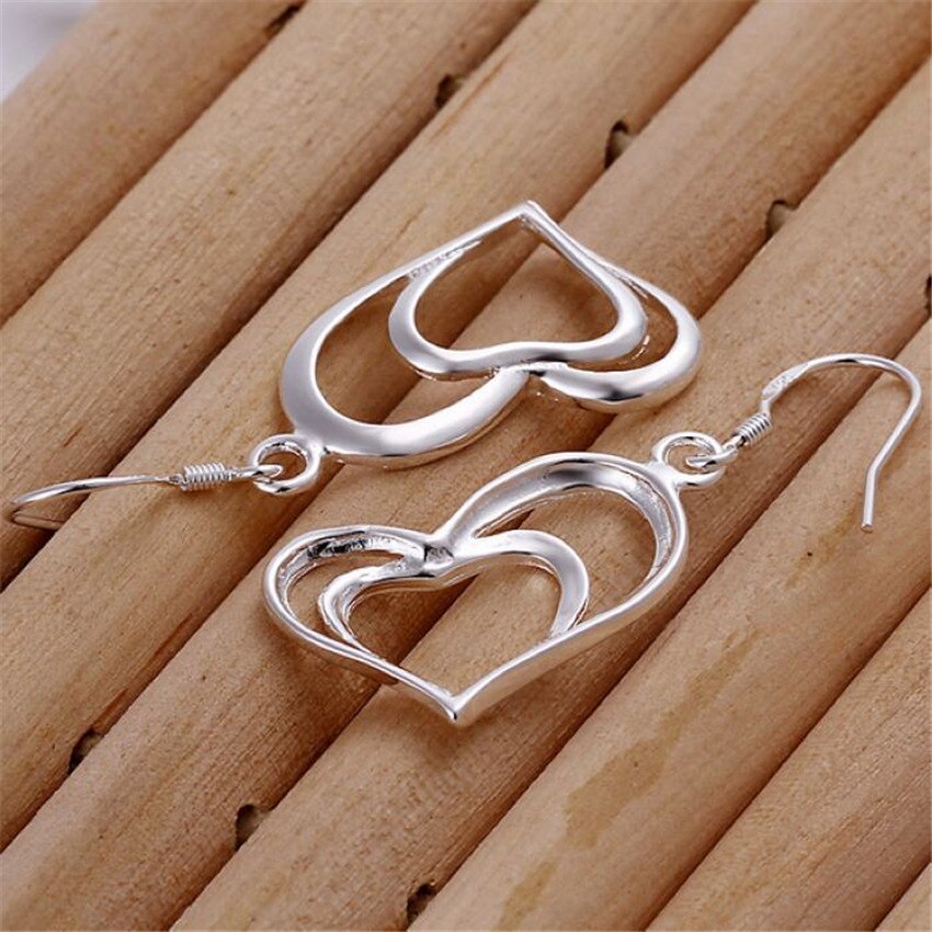 Nwe hot 925 Stamp Silver color fine Double Heart earrings stud necklace Jewelry sets for women Fashion Party wedding lady Gifts