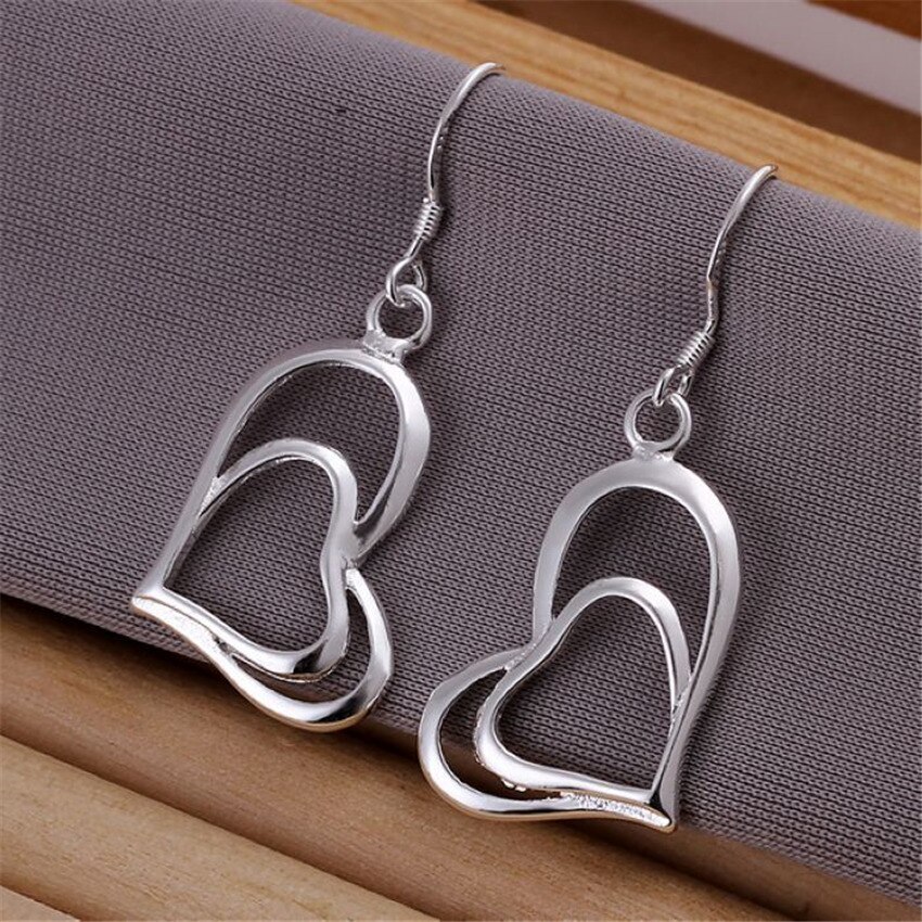 Nwe hot 925 Stamp Silver color fine Double Heart earrings stud necklace Jewelry sets for women Fashion Party wedding lady Gifts