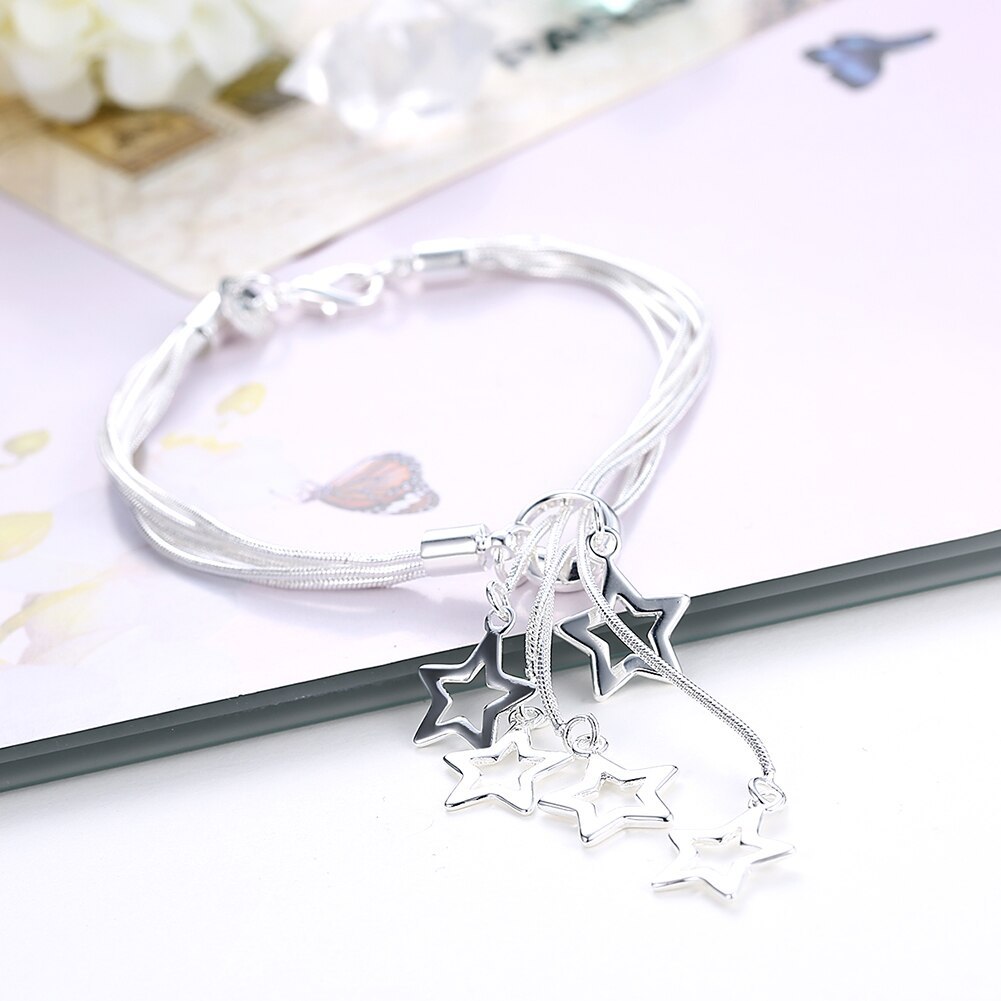 Hot sale fashion 925 Stamp Silver color Bracelet for woman Pretty Tassel chain star pendant Wedding party Gifts classic Jewelry