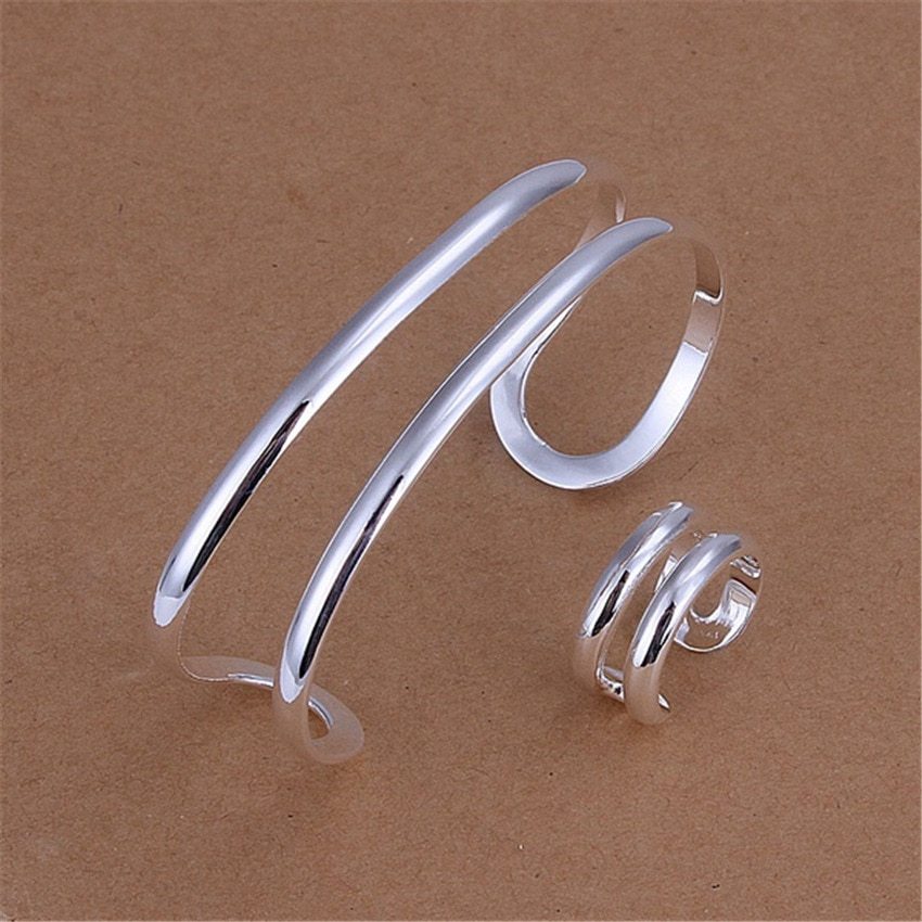 Pretty 925 Stamped silver Charm Double Line Bangles Rings Jewelry Set for women fashion party wedding accessories holiday gifts