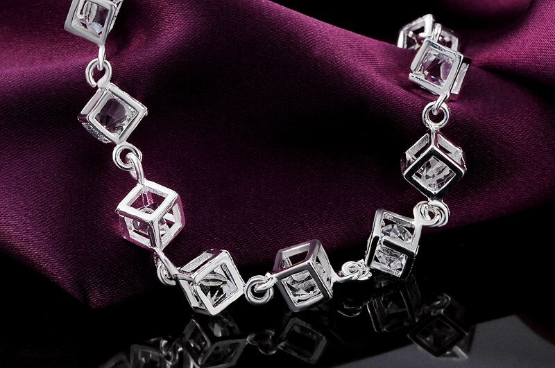 Fashion 925 Stamp Silver color Bracelet for woman Shining crystal lattice chain fine Luxury jewelry Wedding party beautiful gift