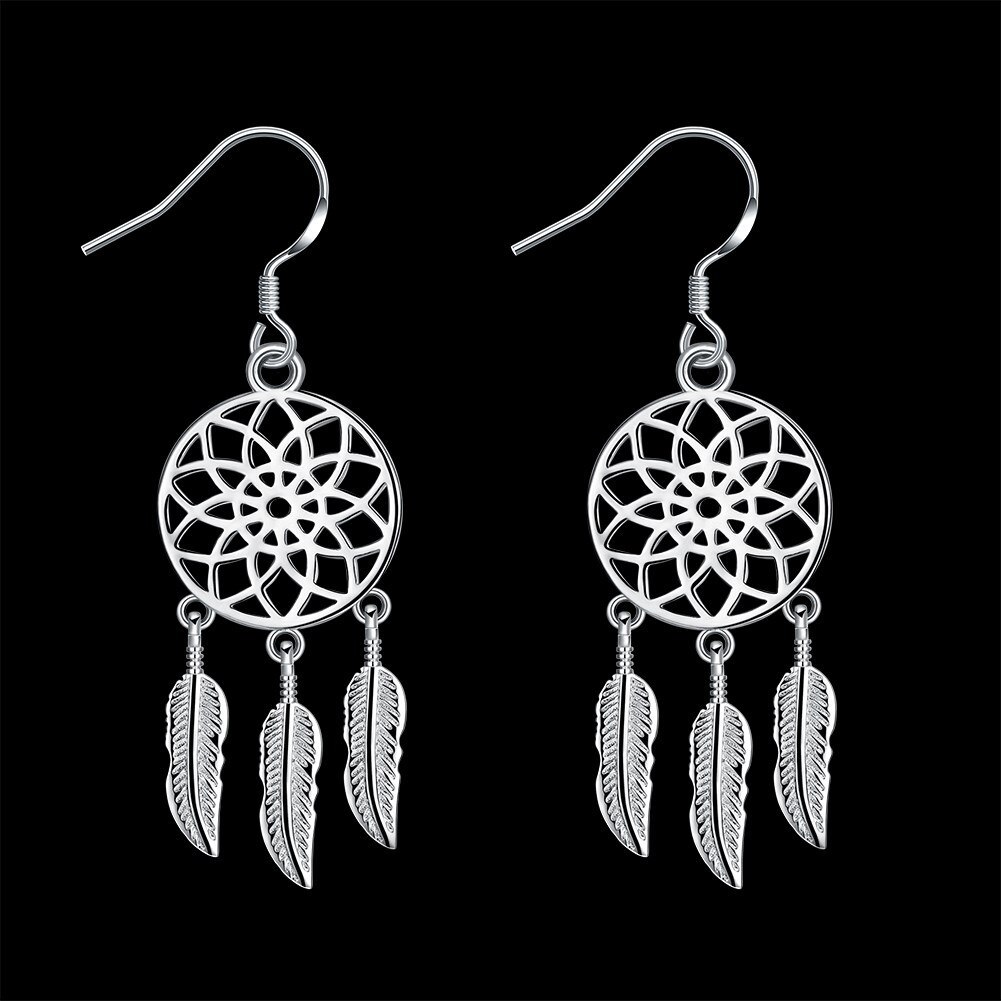Fashion 925 Stamp Silver color Dream catcher feathers earrings for women luxury designer party wedding Jewelry fine gift
