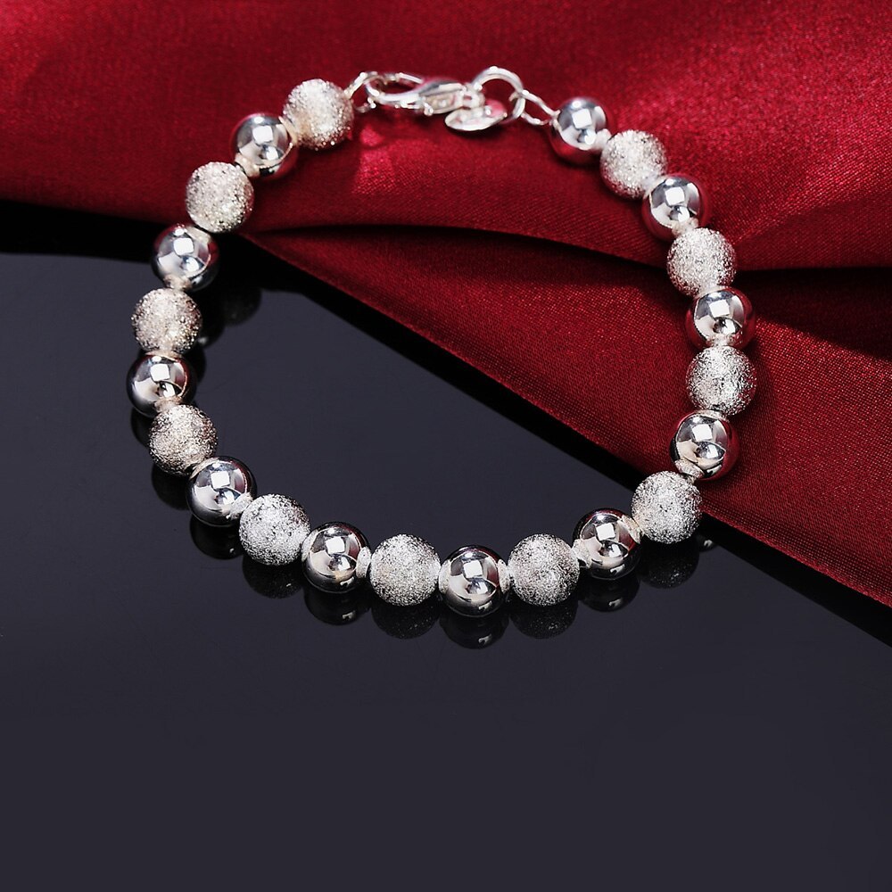 New charm 925 Stamp Silver color Bracelet for woman man 8MM Frosted beads chain Wedding party Christmas Gifts fashion Jewelry