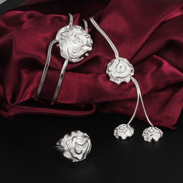 Elegant women 925 Stamp Silver color rose flower necklaces bangles rings Jewelry set fashion Party wedding lady Christmas gifts