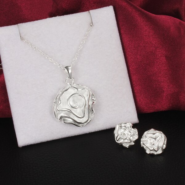 Fashion fine 925 Stamp Silver color beautiful rose flower Pendant earrings stud necklaces for women wedding Party Jewelry set