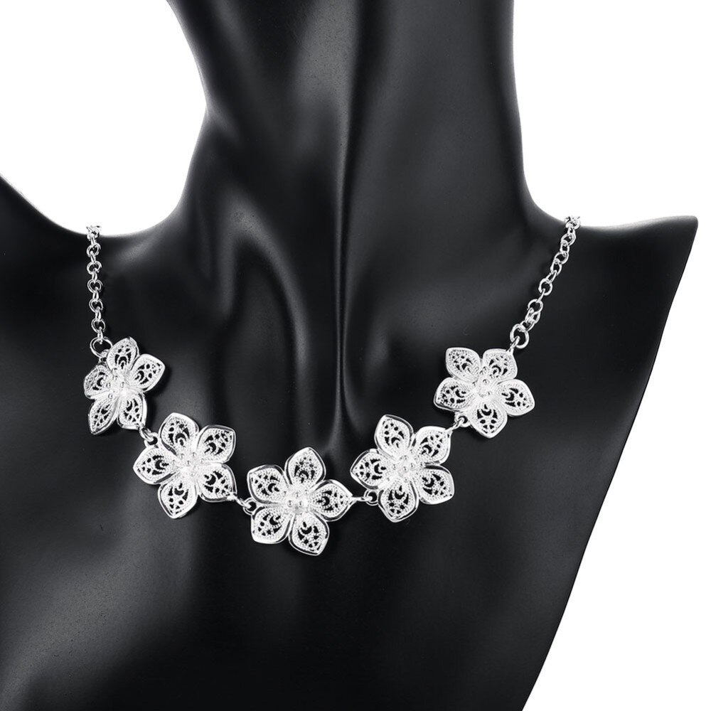 Hot Retro beautiful Flowers necklaces bracelet 925 Stamp Silver color Jewelry sets for women fashion Party wedding Gifts