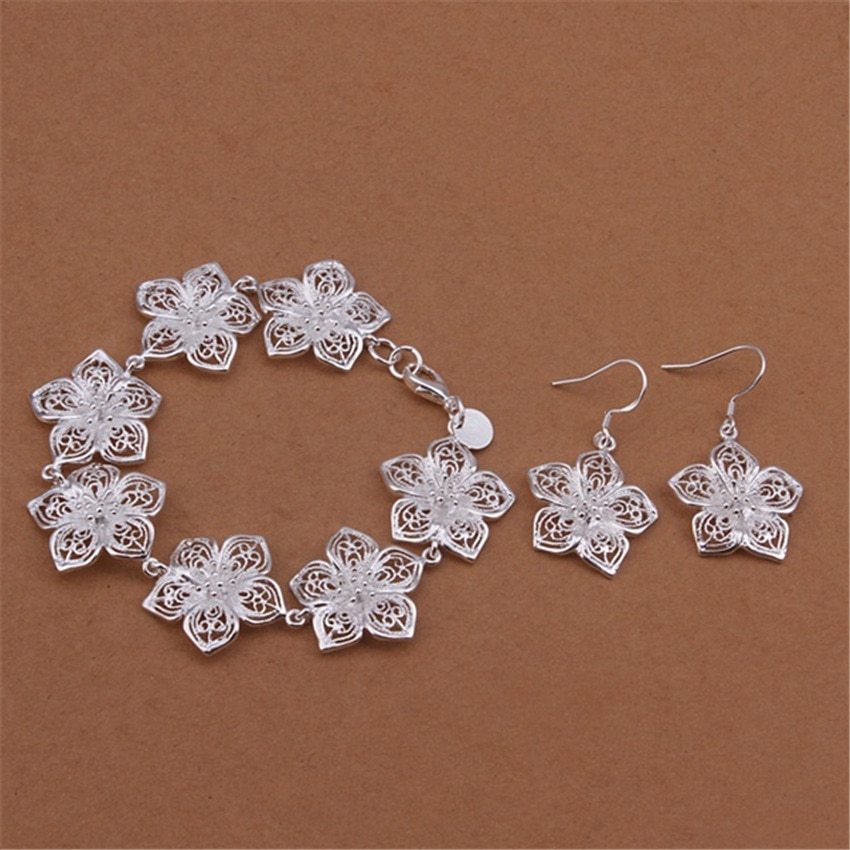 New hot 925 Stamp Silver color beautiful Flowers earrings bracelet Jewelry sets for women fashion Party wedding Christmas Gifts