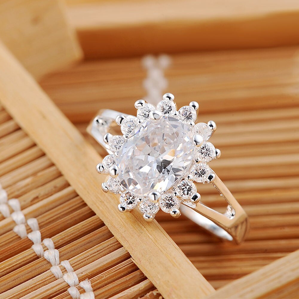 925 Stamp Silver color Shiny crystal flower Rings For Women Fashion Wedding Party Gifts Girl Charm engagement ring Jewelry