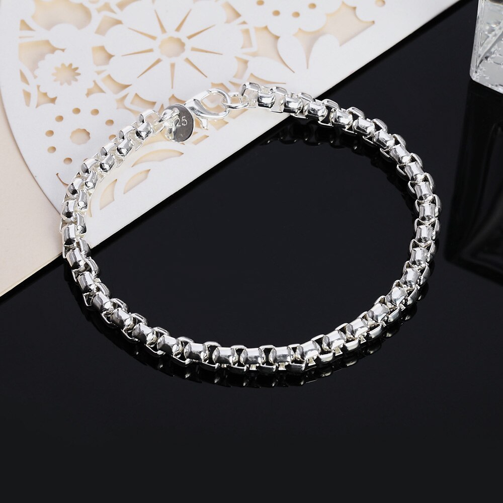 Hot fashion 925 Stamp Silver color Bracelet for woman fine 4MM Round lattice chain Wedding party Gift Street all-match jewelry