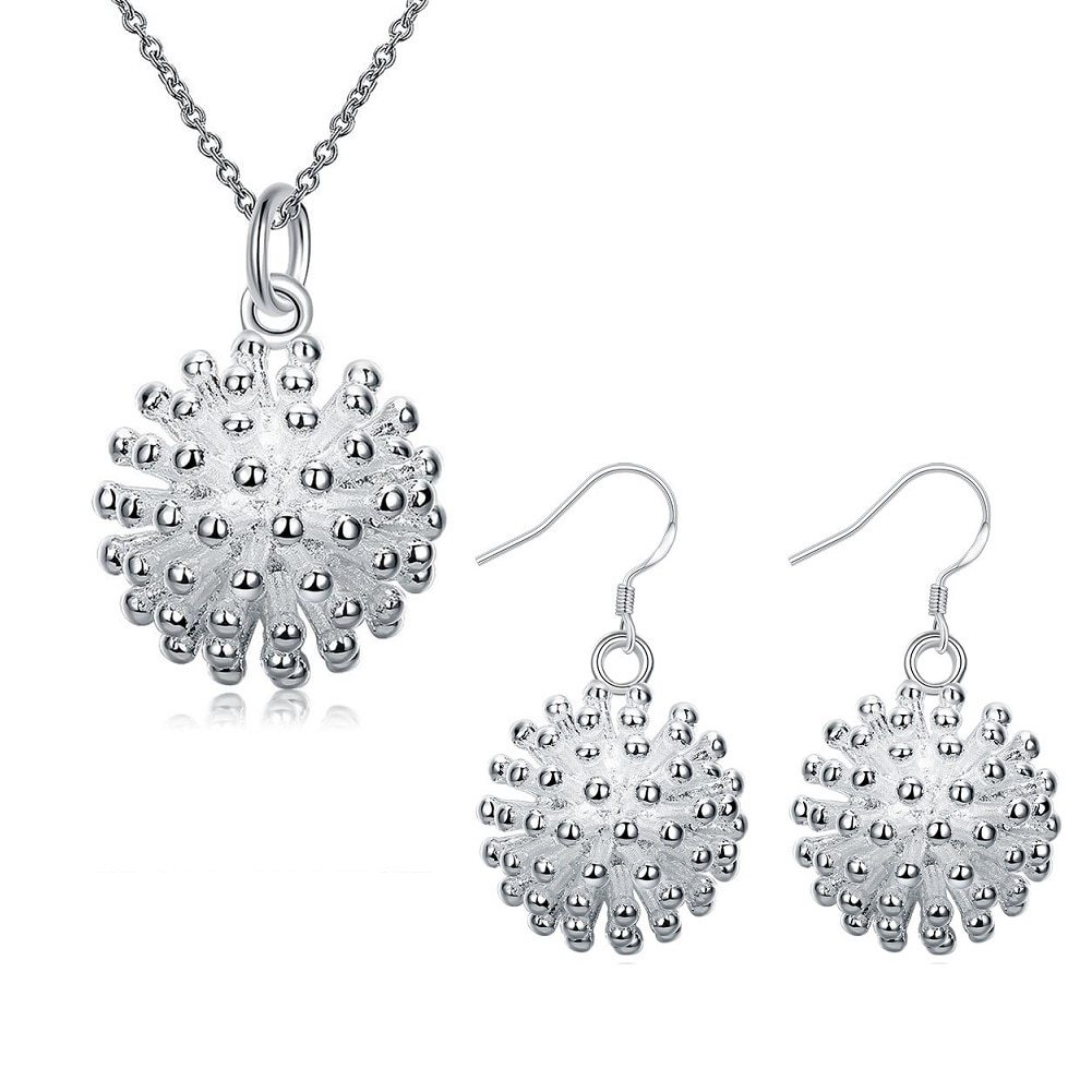 Hot 925 Stamp Silver color Fireworks Pendant necklace earring Jewelry set for women classic Fashion Party wedding Christmas Gift