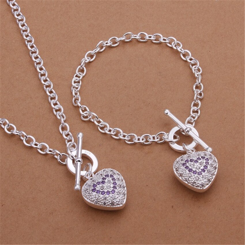 New 925 Stamp Silver color fine heart crystal pendant necklace bracelets Jewelry sets for women Fashion Party wedding gift