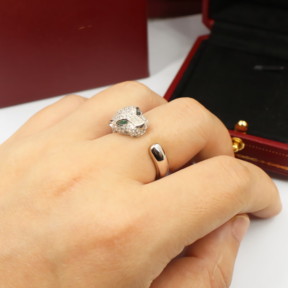 Hot 925 Stamp silver charm Crystal creative leopard head Rings for women fashion party wedding Accessories Jewelry holiday gift