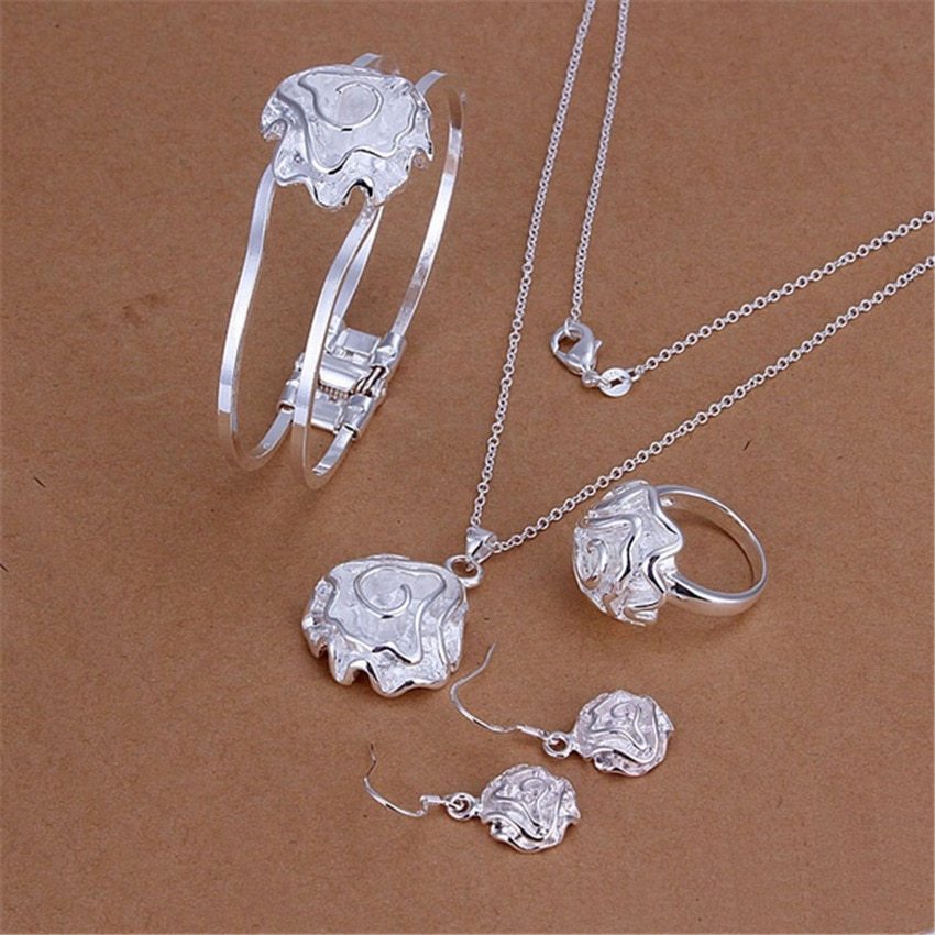 Special offer 925 Silver rings rose flower pendant bangle Bracelets necklaces earrings drop Fashion Jewelry set for women Party
