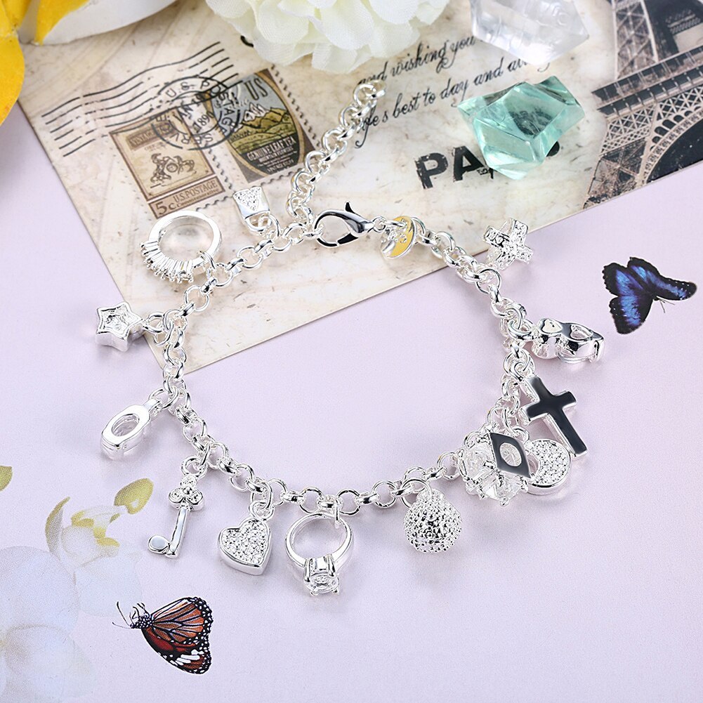 Hot sale fashion 925 Stamp Silver color Bracelet for woman Pretty heart Zircon Pendant chain Wedding party Gifts classic Jewelry