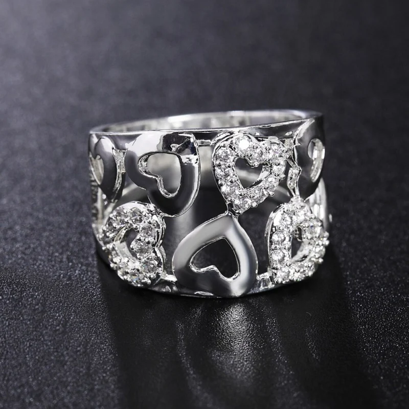 Hot new 925 Stamp Silver color Rings For Women wide fine crystal heart Fashion Party Gift Girl Charm wedding luxury Jewelry