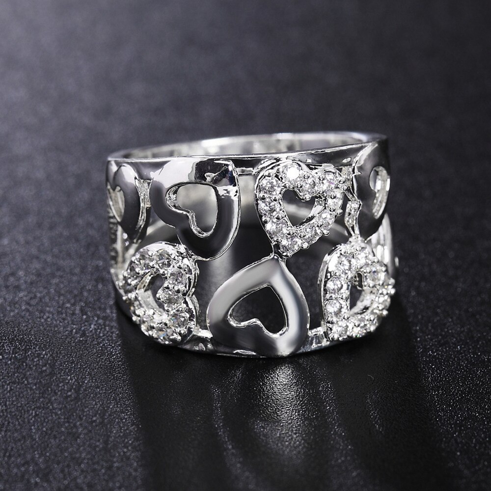 Hot new 925 Stamp Silver color Rings For Women wide fine crystal heart Fashion Party Gift Girl Charm wedding luxury Jewelry