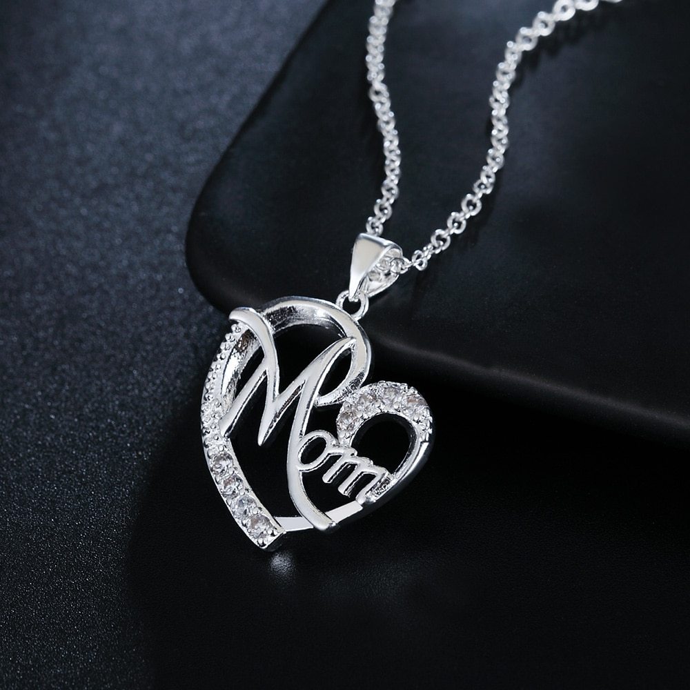 Romantic 925 Stamp Silver color Charm MOM AAA Zircon Heart Pendant Necklace For Women Fashion Jewelry 18 inches Gifts