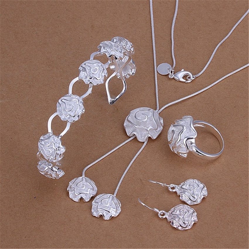 Hot 925 Stamp Silver color Jewelry set rose flower bangle rings Bracelets necklaces earring for women Party wedding gifts