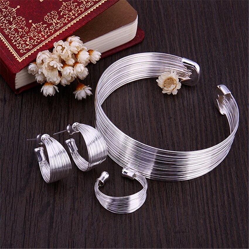 Adjustable Retro Multi-line bangle 925 Stamp Silver color earrings rings Bracelet Jewelry set women fine Fashion Party gift