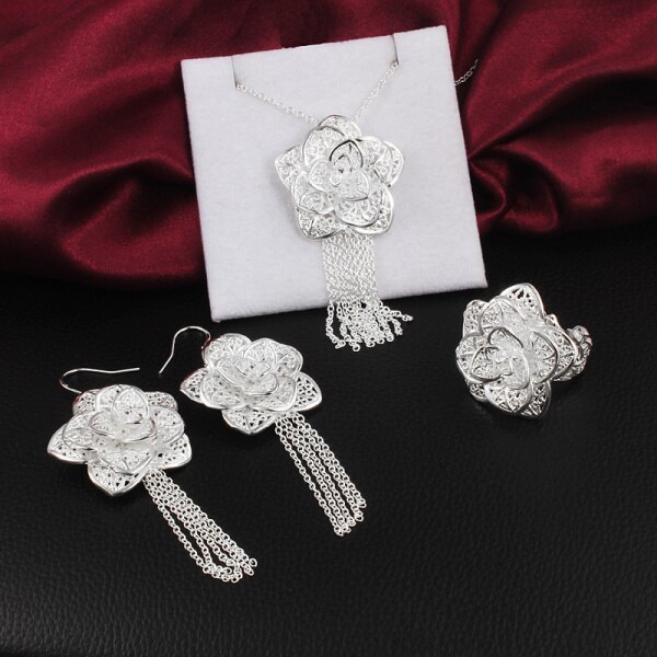 Hot charm women 925 Stamp Silver color Jewelry sets fine flower earrings necklace rings 18 inch Fashion Party wedding girl Gift