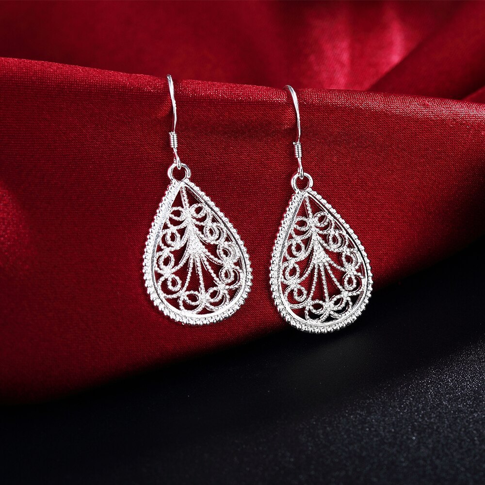 Luxury 925 Stamped Silver romantic water drop pattern Pendant Necklace earrings For Women fashion party wedding Jewelry set gift