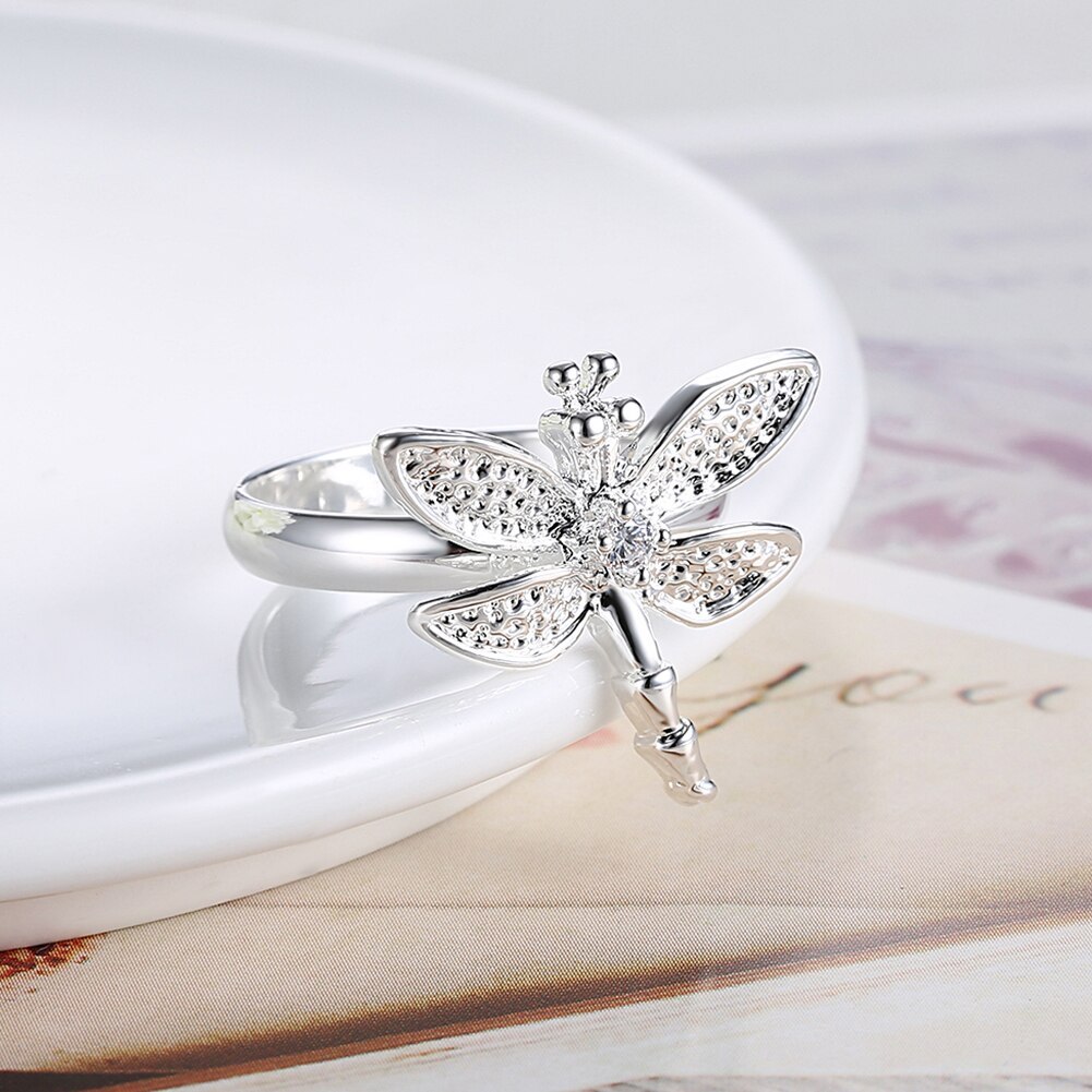 925 Stamp Silver color Zircon Dragonfly Rings For Women Fashion Wedding Engagement Party holiday gift Charm high quality Jewelry