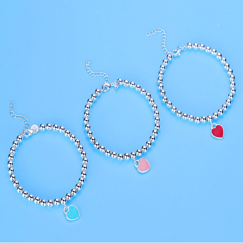 Hot sale 925 Stamp Silver color Charm beads Heart pendant Bracelet for Women Fashion party wedding accessories Jewelry gifts