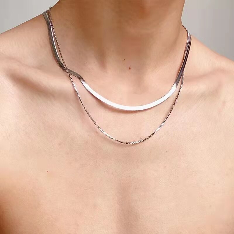 Fine 925 Stamp Silver color Flat snake chain necklace set jewelry for Men Women Charms wedding fashion Valentine's Day gift