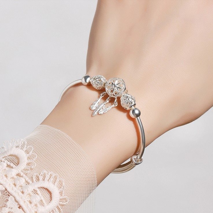 Adjustable 925 Stamp Silver color Bangle Dreamcatcher Tassel Feather Round Bead Charm Bracelet Cuff For Women Elegant wedding
