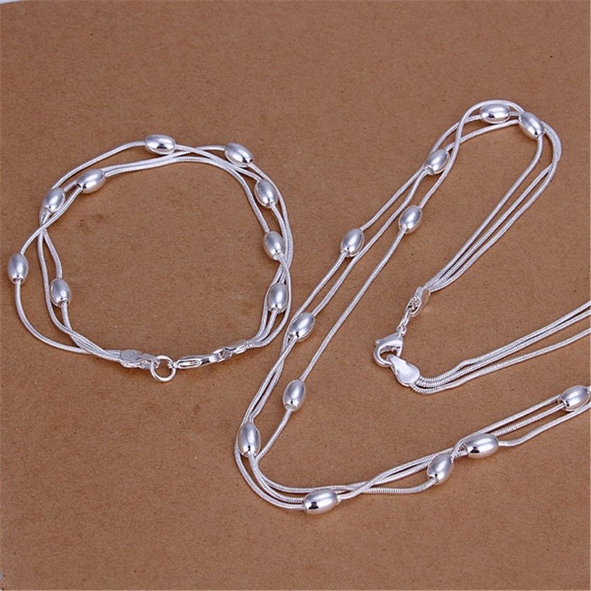 Hot charm 925 Stamp Silver color Fringed oval beads Chain Bracelets necklace Jewelry set for women Fashion Party Christmas Gifts